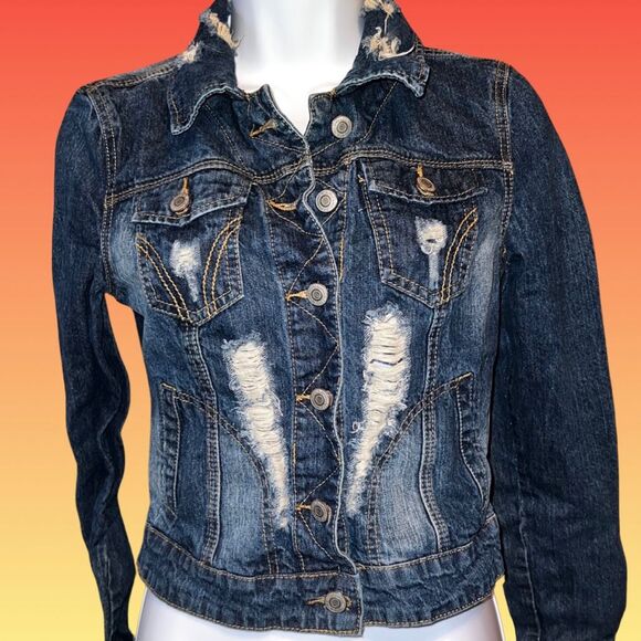 Threads & Supply Factory Distressed Jean Denim Jacket Size Medium B1 - Picture 2 of 5